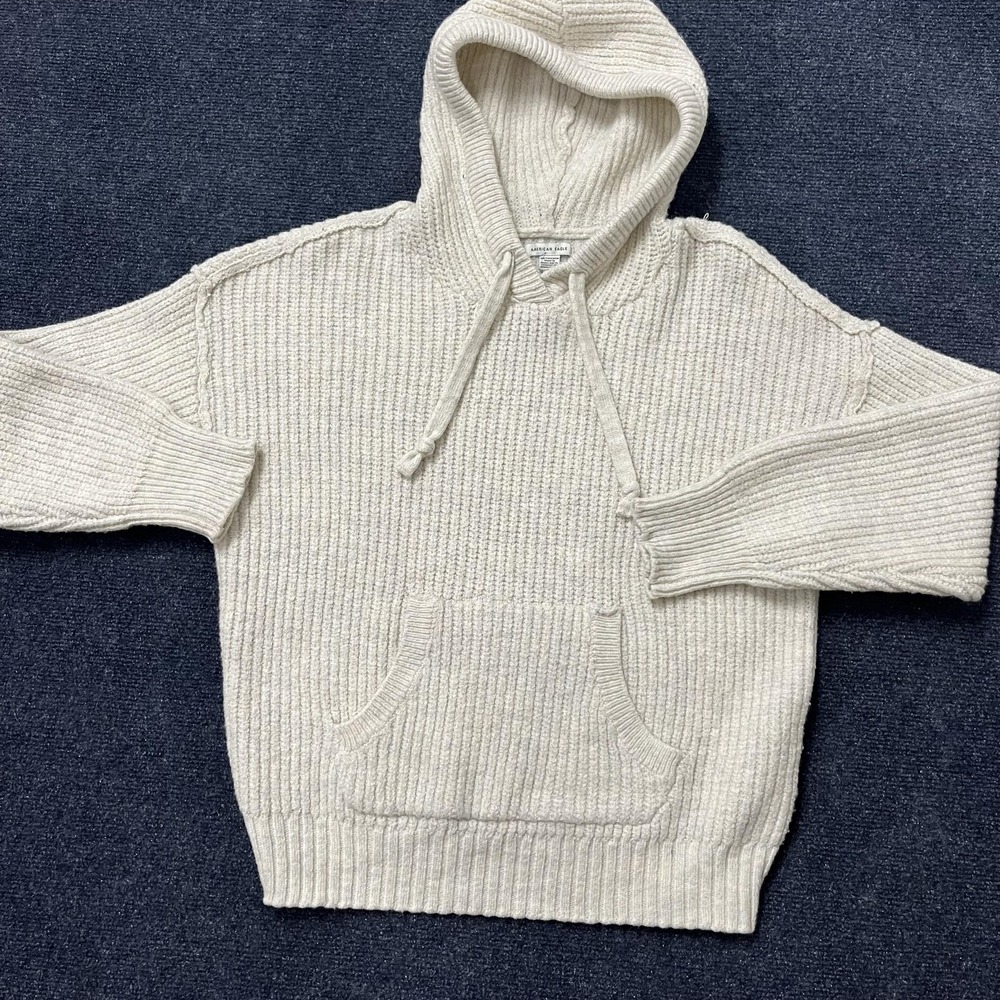 American Eagle Sweater Womens XS Cream Knit Hooded Pullover Kangaroo Pocket